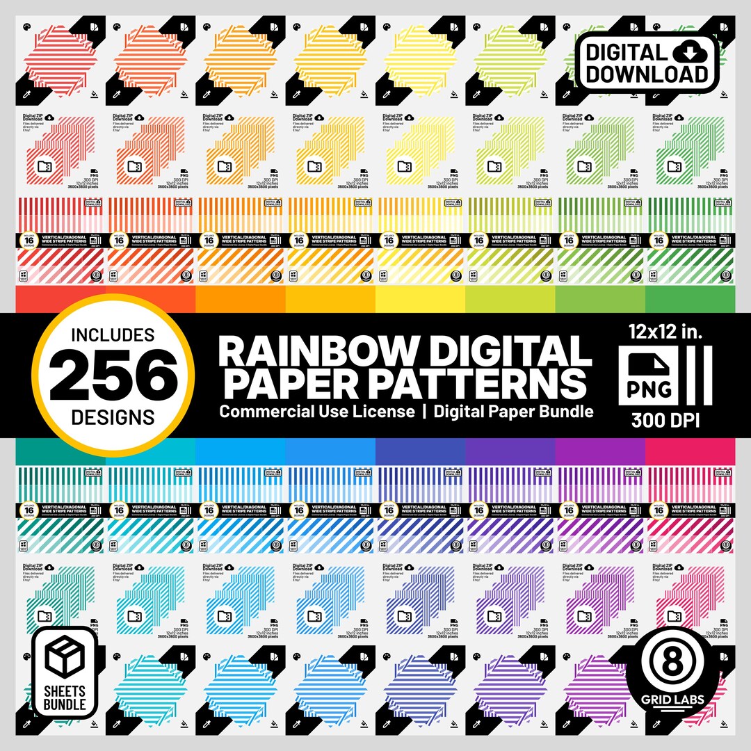 Rainbow Stripes Variety Bundle Digital Paper Patterns Colorful Stripes ...
