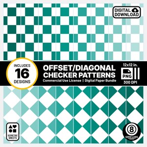 May include: Digital paper bundle featuring 16 offset and diagonal checker patterns in teal and white. The designs are 12x12 inches and include a commercial use license. The image also includes the text "Digital Download".