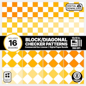 May include: A digital paper bundle of 16 checkerboard patterns in yellow and white. The patterns are 12 inches by 12 inches and 300 DPI. The bundle includes block and diagonal checkerboard patterns.