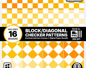 Bright Amber Yellow Checker Digital Papers Bundle Seamless PNGs Palette QMPL Style