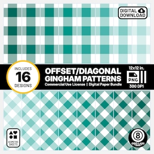 Teal Gingham Digital Papers Plaid Pattern Seamless PNG Set Bright Palette LQK8 Style