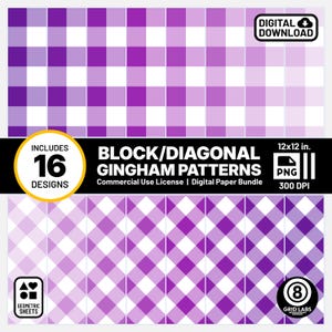 Purple Gingham Digital Papers Seamless Geometric Patterns 16 Pack Bright Palette FEOB Style