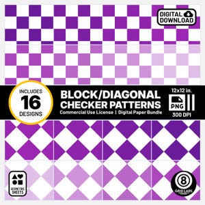 Pode incluir: Um pacote de papel digital com 16 padrões de tabuleiro de damas roxo e branco. Os padrões são em estilo bloco e diagonal. O pacote inclui arquivos PNG de 30,48 x 30,48 cm a 300 DPI. O texto "BLOCK/DIAGONAL CHECKER PATTERNS" é exibido no centro da imagem. O texto "INCLUDES 16 DESIGNS" é exibido no canto superior esquerdo da imagem. O texto "12x12 in. PNG 300 DPI" é exibido no canto superior direito da imagem.