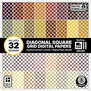 May include: A digital paper bundle featuring 32 diagonal square grid designs in various colors, including shades of brown, yellow, and green. The designs are 12x12 inches and available in PNG format. The image includes the text "DIGITAL DOWNLOAD".