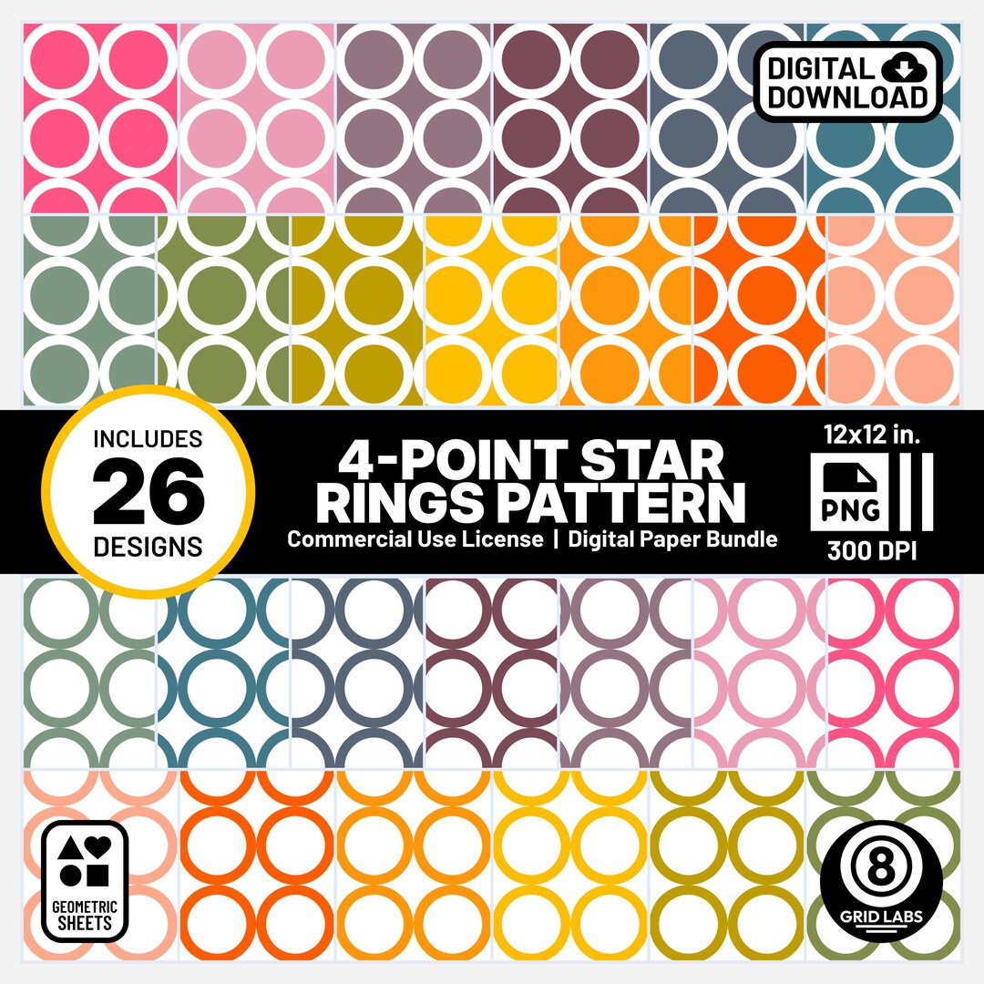 Retro Rainbow Small Stars Rings Digital Paper Patterns Assortment Star ...