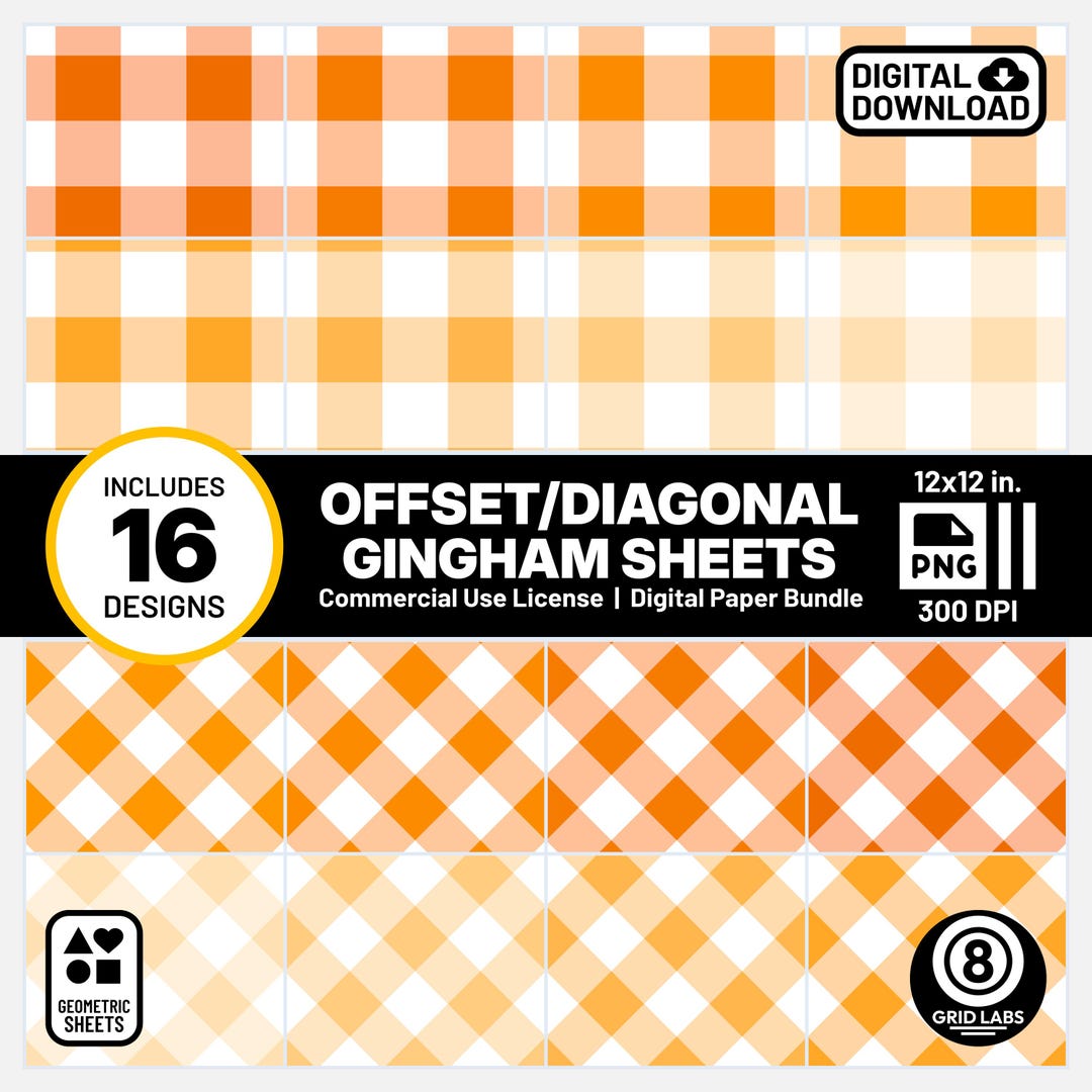 Bright Orange Gingham Digital Paper Patterns 16 Pack PNG Scrapbook ...