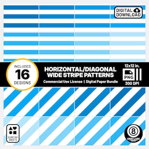 Bright Light Blue and White Stripes Digital Papers Variety 16 Pattern Pack Palette 8N4H Style Commercial Use Blue and White PNG Patterns ZIP