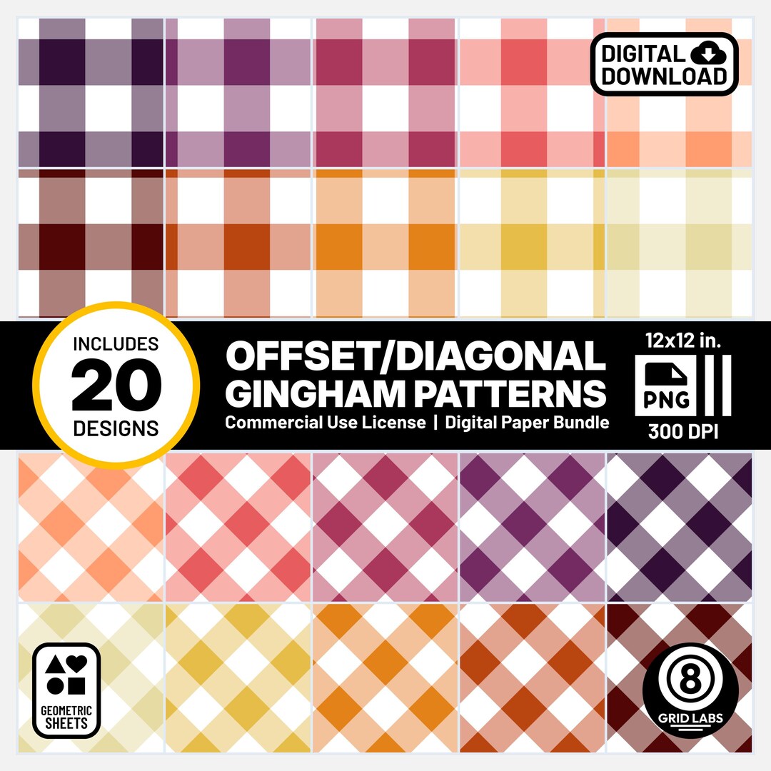 Offset Color Patterns Summer Sunset Gingham Digital Papers Offset Diagonal Plaid Printable ...