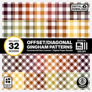 May include: A digital paper bundle featuring 32 offset and diagonal gingham patterns in various colors, including brown, yellow, and red. The patterns are 12x12 inches and available as PNG files at 300 DPI. Includes a commercial use license.