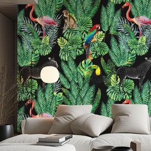 Carta da parati Natura tropicale Nera Attacca e stacca Autoadesiva, Arte Murale Moderna in TNT, Rivestimento Murale in Vinile - J'ESSENTIA