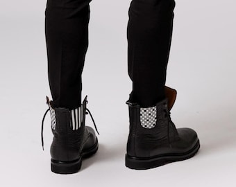 Stivali unisex in pelle fatti a mano | Dettagli bianco e nero in raso | Design di Jennifer Puzzo / Scarpe comode / Regalo per lui
