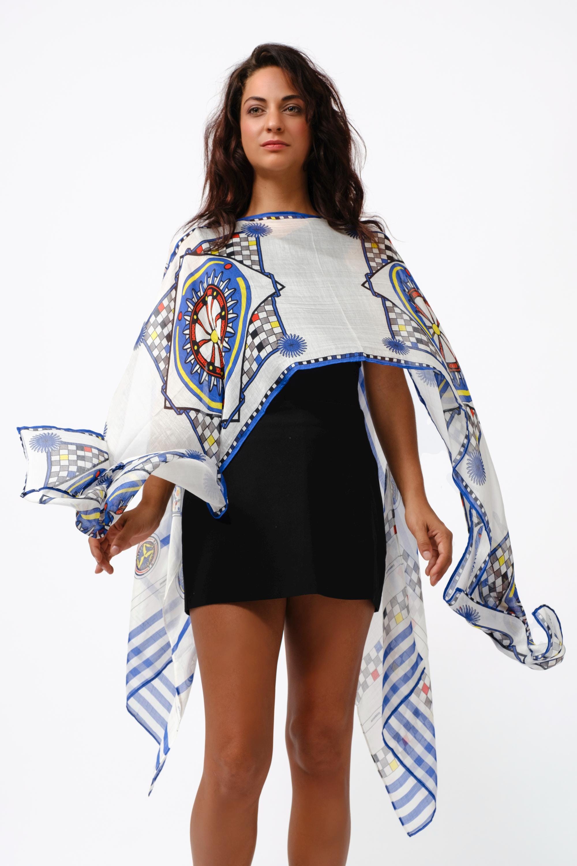 Scarf Poncho in modal silk "Sicilian cart", 200x100cm, Made in Italy by J'ESSENTIA atelier