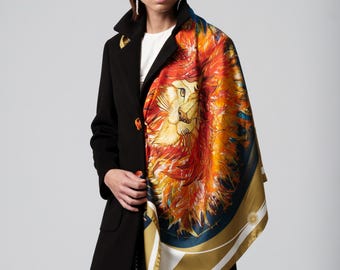Lion Print Silk Scarf: Italian Designer Art Scarf, 90x90cm