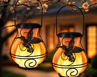 2 Pack Hummingbird Solar Lanterns Outdoor, Waterproof Flickering Flame Hanging Lanterns for Garden & Patio