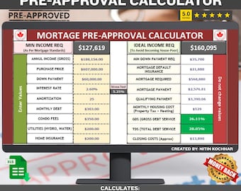 Canadian Mortgage Pre-Approval Calculator: Excel Template (Digital Download