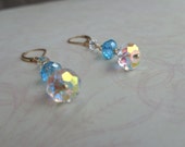 Tiffany Blue Crystal Earrings, Crystal Dangle Earrings Blue and Gold, Gold Leverbacks