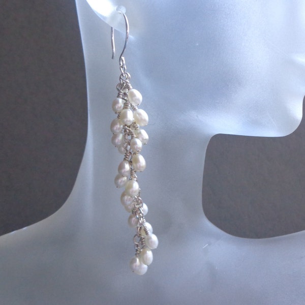 Long Pearl Earrings, Pearl Cascade Earrings, Pearl Cluster