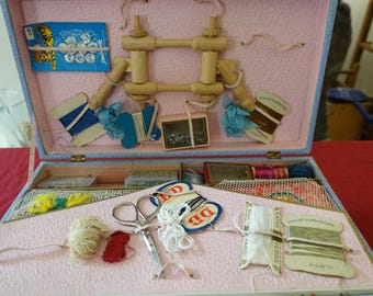 antique toy sewing kit, tapestry canvas beads antique toy sewing