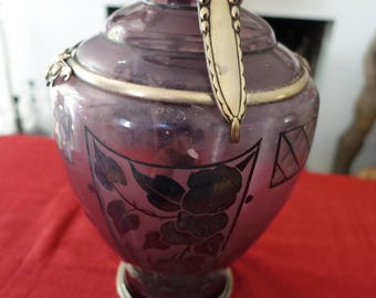 Grote Art Nouveau amberkleurige en zilverpaarse glazen vaas van Argyl