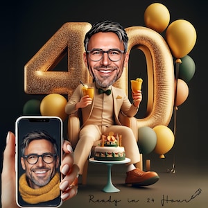 Retrato de caricatura de 40 cumpleaños personalizado y de alta calidad - Retrato de caricatura - Regalo para hombre de 40 años - Descarga digital - Caricatura personalizada