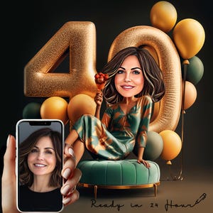 Aangepast hoogstaand karikatuurportret 40e verjaardag - 40 jarige vrouw cadeau - Digitale download - Gepersonaliseerde cartoon van foto