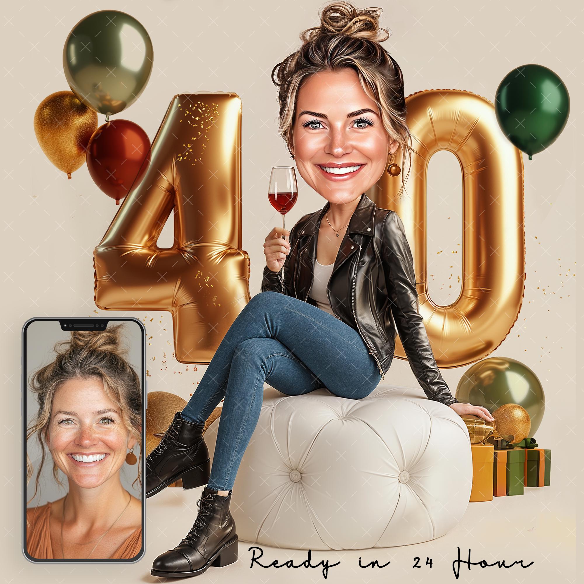 Custom 40th Birthday Caricature Portrait: High-Style Fashion Gift (Digital Download)