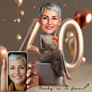 Portrait caricature personnalisé pour 60e anniversaire - cadeau femme de 60 ans - téléchargement numérique - caricature personnalisée à partir d'une photo