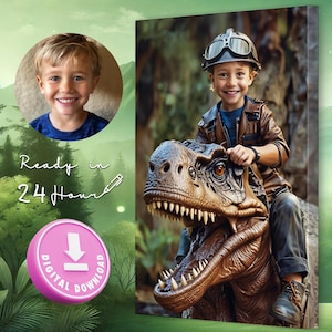 Custom T-Rex Portrait from Photo - Custom Boy and T-Rex Portrait. Birthday Gift for Boys
