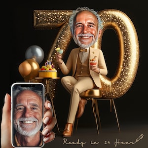 Aangepast hoogstaand karikatuurportret 70e verjaardag - cadeau 70-jarige man - digitale download - gepersonaliseerde cartoon van foto