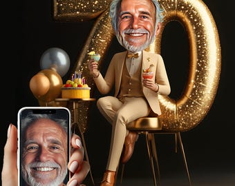 Custom 70th Birthday High-Style Caricature Portrait - 70 Year Old Man Gift - Digital Download - Personalized Cartoon from Photo