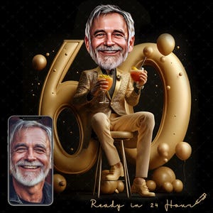 Portrait caricature personnalisé haut de gamme pour 60e anniversaire - cadeau homme de 60 ans - téléchargement numérique - caricature personnalisée - portrait de dessin animé