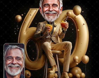Custom 60th Birthday Caricature Portrait: Personalized Digital Download