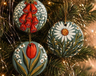 Subtle FDT Christmas Ornament Set of 3, Foxglove Daisy Tulip Floral Ornaments, Anti Trump Holiday Decor