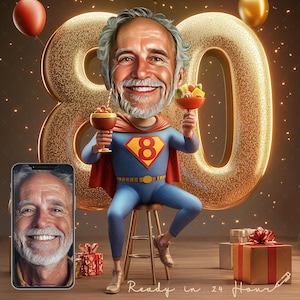 Retrato de caricatura de super-herói de alto estilo personalizado de 80º aniversário - presente de homem de 80 anos - download digital - caricatura personalizada