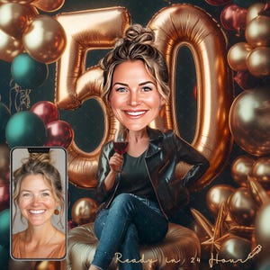 Custom 50th Birthday High-Style Caricature Portrait - 50 Year Old Woman Gift - Digital Download -  Personalized Cartoon from Photo