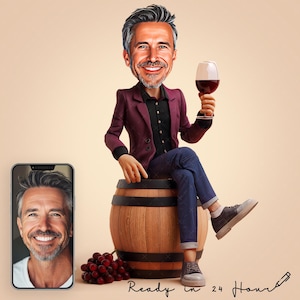Caricatura personalizada de amante del vino, retrato de hombre catando vinos - Descarga digital - Dibujo animado personalizado a partir de una foto - Amante del vino - Idea de regalo única