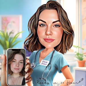 Benutzerdefinierte Krankenschwester Frau Karikatur mit personalisiertem Namensschild - High-Style-Porträt - Krankenschwester Geschenk - individuell vom Foto