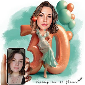 Custom 30th Birthday High-Style Caricature Portrait - 30 Year Old Woman Gift - Digital Download -  Personalized Caricature from Photo