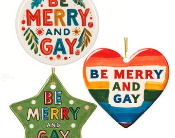 Be Merry and Gay Christmas Ornament Set of 3, LGBTQ Pride Ceramic Ornaments, Queer Christmas Decor, Gay Holiday Gift