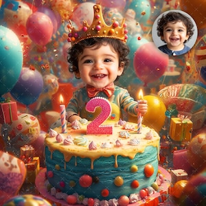 Custom 2 Year Old Baby Boy Portrait with Birthday Cake - 2 Year Old Baby Boy Gift - Custom from Your Photo