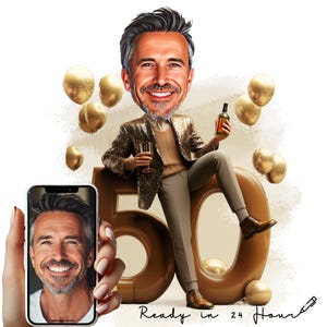 Custom 50th Birthday High-Style Caricature Portrait - 50 Year Old Man Gift - Digital Download - Personalized Caricature from Photo