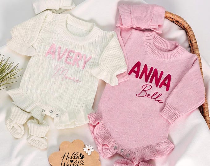Personalized Embroidered Baby Romper, Baby Name Ruffle Romper, Baby Shower Gift, Knitted Newborn Romper, Infant Romper, First Birthday Gift