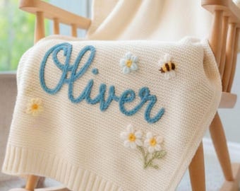 Personalized Hand-Embroidered Baby Name Blanket, Custom Cotton Baby Blanket, Newborn Name Blanket, Nursery Keepsake, Baby Shower Gift