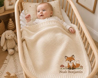Gepersonaliseerde geborduurde babydeken, aangepaste naam Woodland Fox deken, aangepaste katoenen gebreide naamdeken, cadeau pasgeboren babykamer