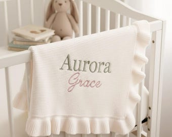 Custom Embroidered Baby Name Blanket, Personalized Baby Ruffle Blanket, Cotton Soft Newborn Blanket, Baby Shower Gift, First Birthday Gift