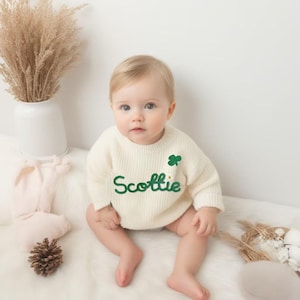 St. Patrick&#39;s Day Custom Baby Clover Sweater|Flower Embroidered Baby Name Jumper|Handmade Lucky Clover Kid Sweatshirt|Personalized Kid Gift