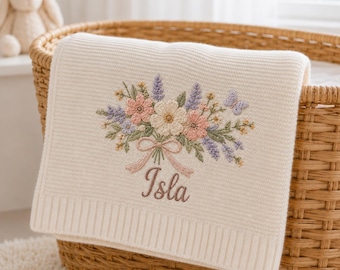 Personalized Baby Blanket with Name, Floral Knit Moses Basket Blanket, Custom Newborn Gift, Apricot Knitted Blanket, Baby Shower Gift