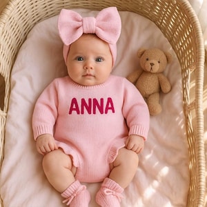 Baby Name Ruffle Romper Set, Embroidered Baby Romper, Custom Newborn Romper,Baby Shower Gift, Knitted Infant Romper, Coming Home Outfit