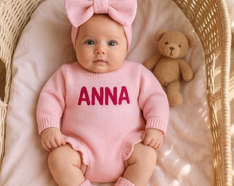 Baby Name Ruffle Romper Set, Embroidered Baby Romper, Custom Newborn Romper,Baby Shower Gift, Knitted Infant Romper, Coming Home Outfit
