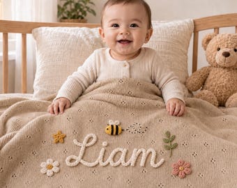 Personalized Baby Knit Blanket, Hand-embroidered Blanket, Baby Shower Gift, Newborn Gift, Keepsake Nursery Gift